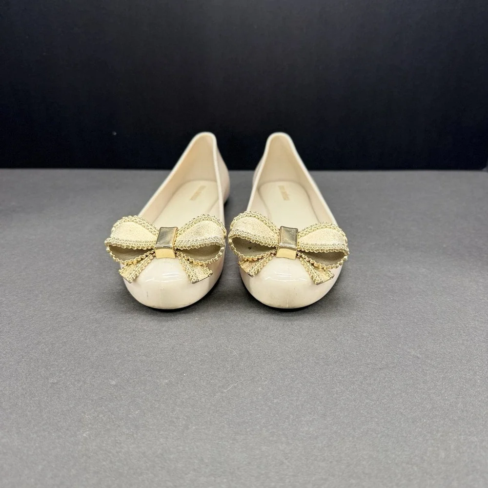 Mini Melissa Girls Mary Jane Jelly Shoes Cream Beige Glitter Bow Size 3